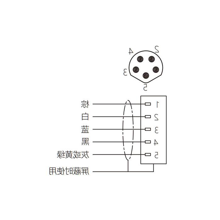 M8 5Pin、公头直型、单端预铸PVC非柔性电缆、带屏蔽、灰色护套、63S727-XXX