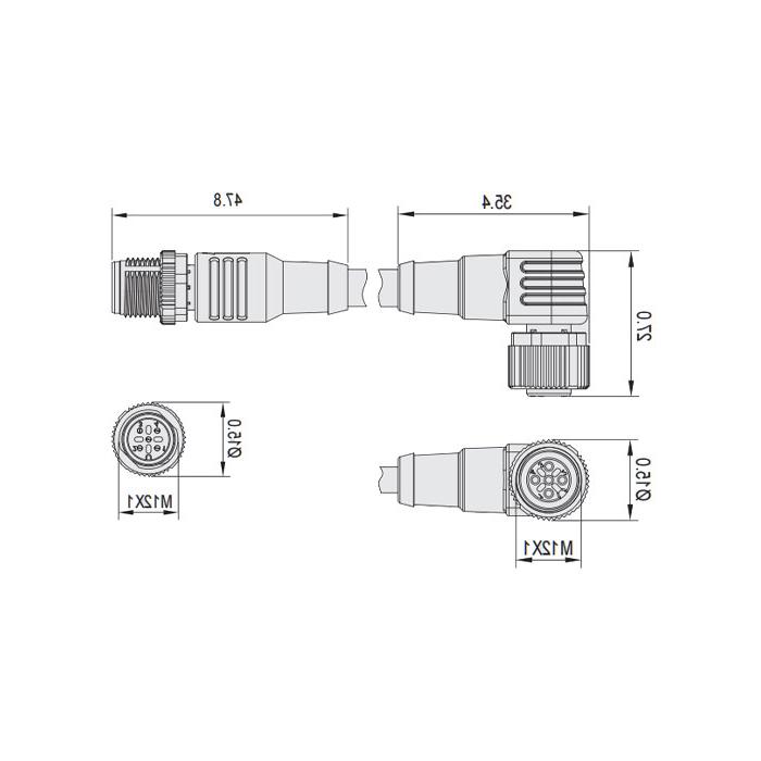 M12 5Pin、母头90°转公头直型、双端预铸防焊渣PUR柔性电缆、黄色护套、64T551-XXX