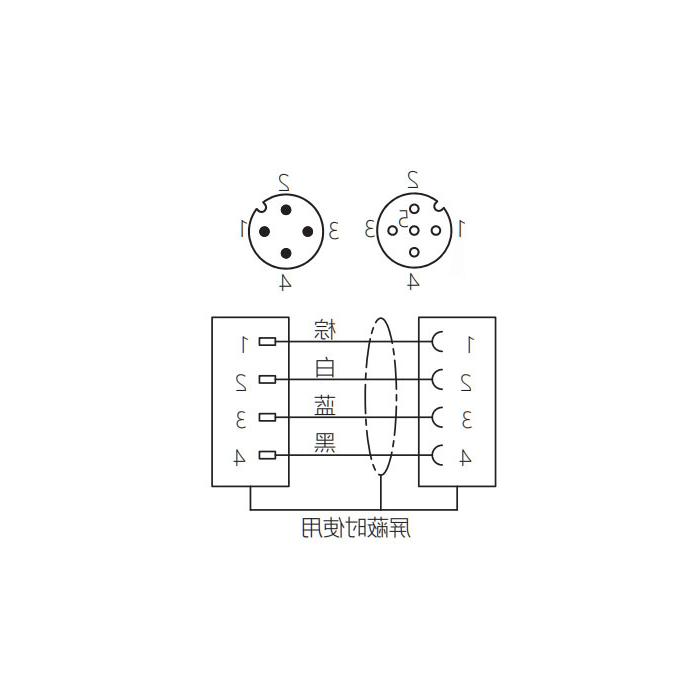 M12 4Pin、母头90°转公头直型、双端预铸防焊渣PUR柔性电缆、橙色护套、64T143-XXX